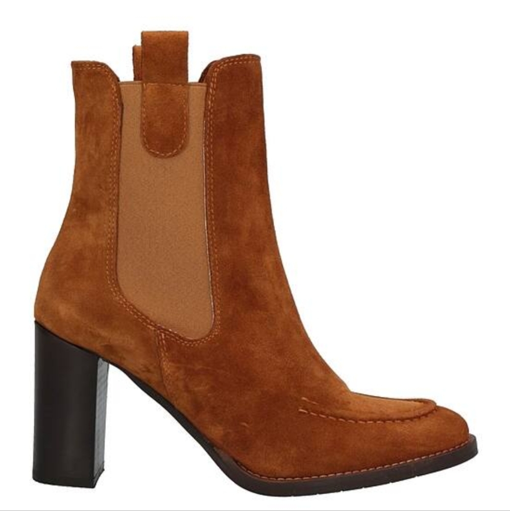 Pull On Tan Suede Square Heel Chelsea Boots with Elastic Sides